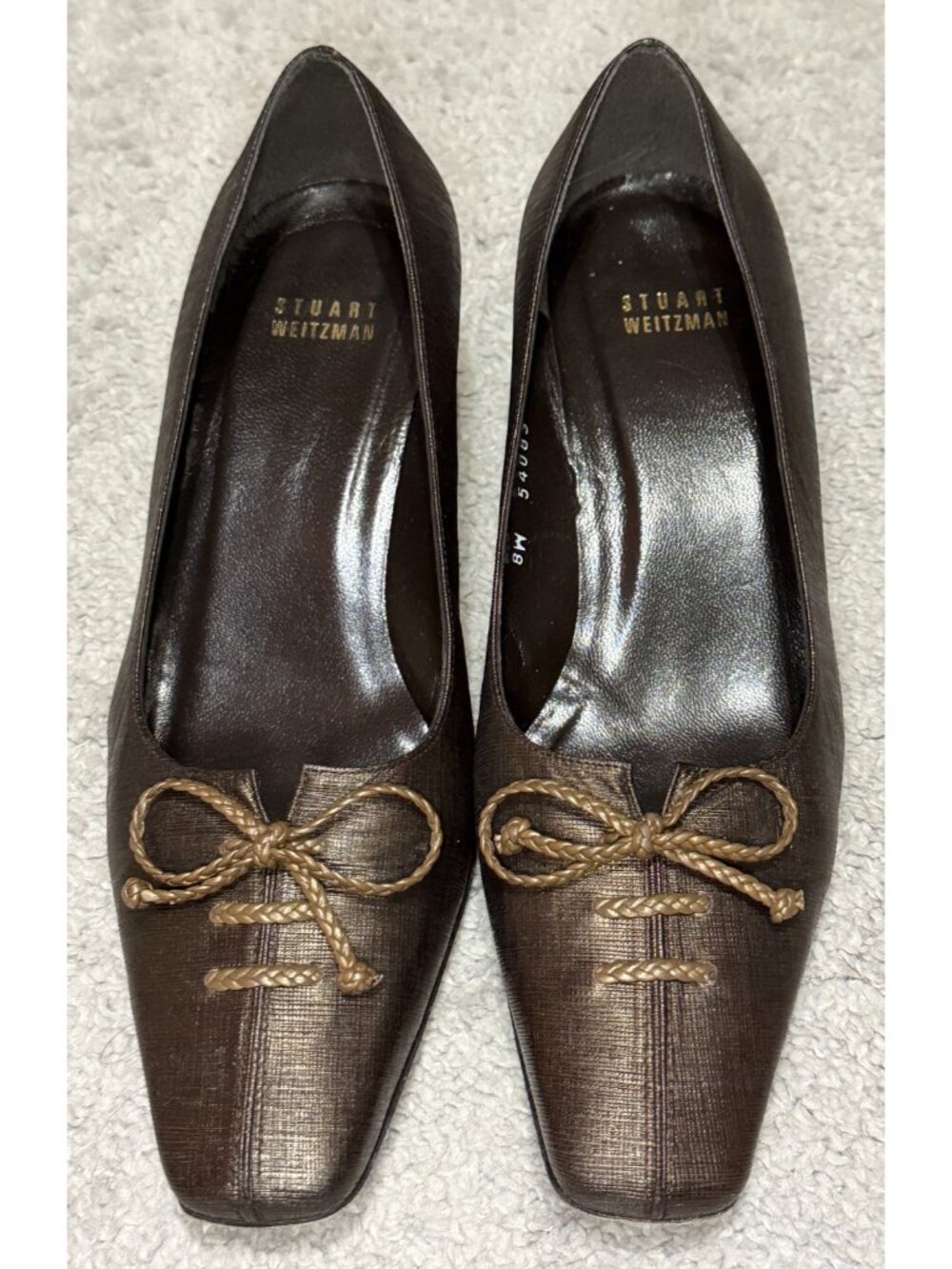Stuart Weitzman Dark Brown Leather Square-Toe Kitten Heel Pumps 7.5M Bow Accent